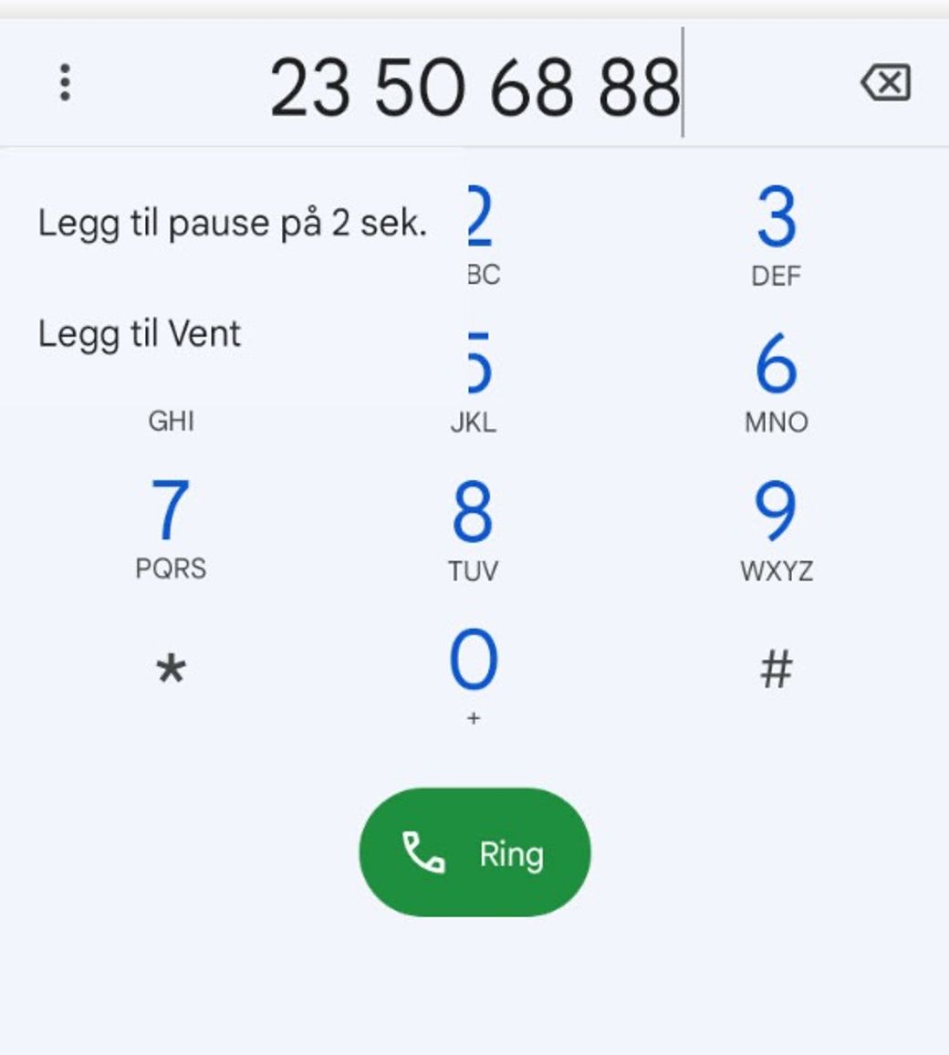 Telefonens tastatur i Android med Parqios nummer 23 50 68 88 og menyen «Legg til pause på 2 sek.» og «Legg til Vent»
