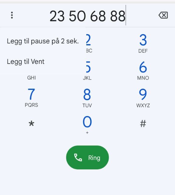 Telefonens tastatur i Android med Parqios nummer 23 50 68 88 og menyen «Legg til pause på 2 sek.» og «Legg til Vent»