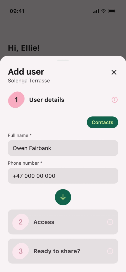 Step 1 “User details” in “Add user” with the “Full name” and “Phone number” fields and the “Contacts” button