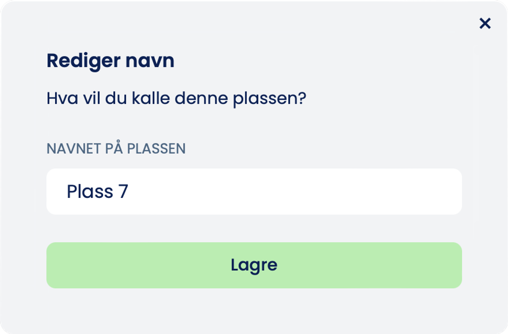 Norska arket «Rediger navn» med fältet «Navnet på plassen» ifyllt med «Plass 7» och knappen «Lagre»