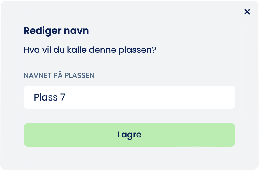 Norska arket «Rediger navn» med fältet «Navnet på plassen» ifyllt med «Plass 7» och knappen «Lagre»
