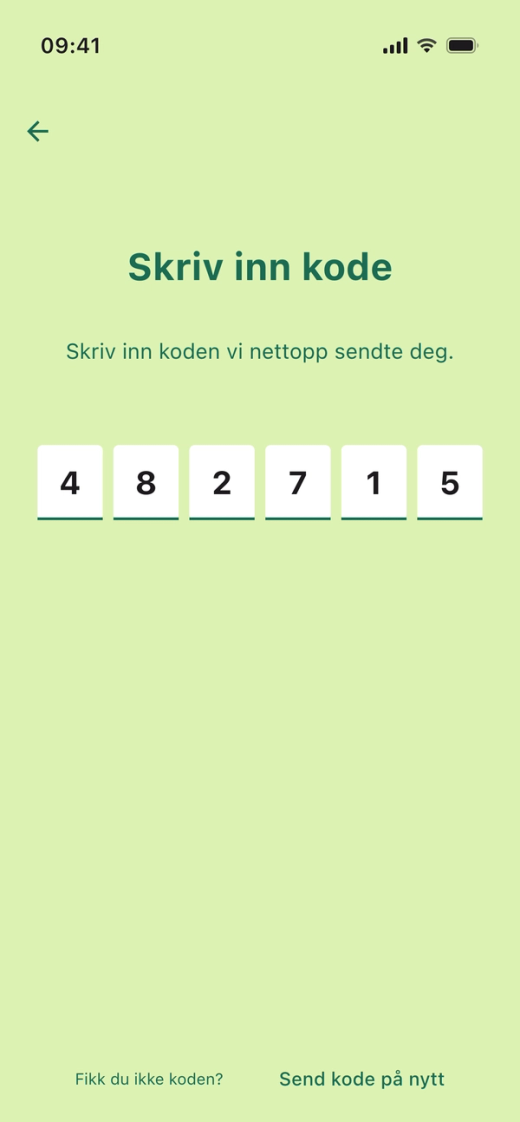 Skjermen «Skriv inn kode» i Parqio-appen, med seks ruter for koden fra SMS-en