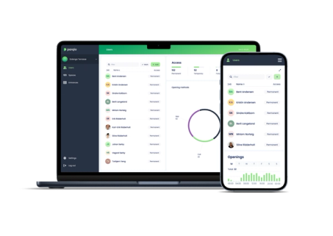 Parqio admin dashboard shown on a laptop and mobile phone side by side, displaying a user list with names, access types, parking spots, and an opening-frequency bar chart.