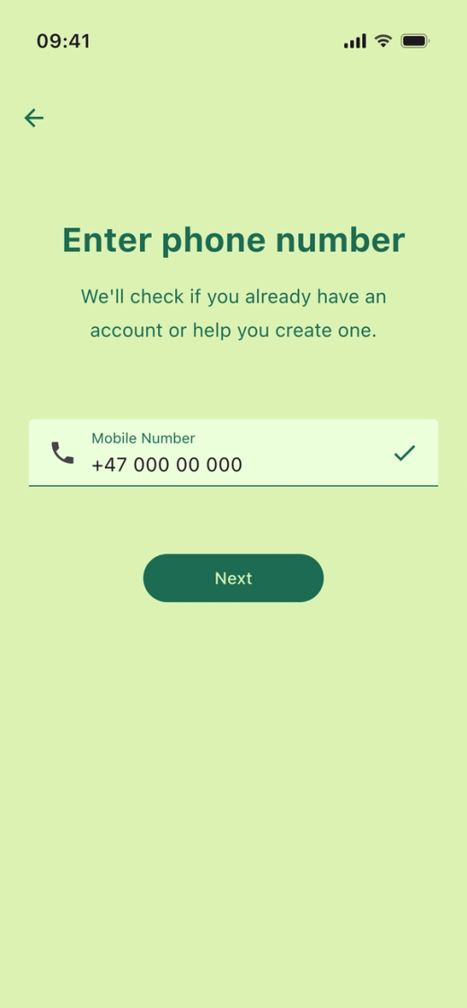 The “Enter phone number” screen in the Parqio app, with a mobile number in the field and the “Next” button below