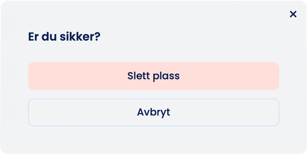 Norska dialogen «Er du sikker?» med den röda knappen «Slett plass» och knappen «Avbryt»