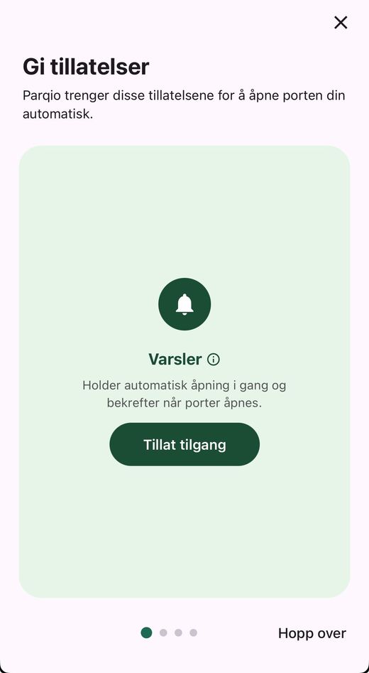 Første trinn av «Gi tillatelser» med «Varsler» og knappen «Tillat tilgang», med «Hopp over» nederst til høyre