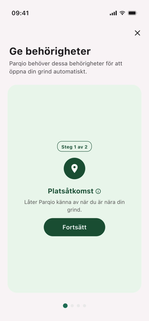 Kortet ”Platsåtkomst” med märket ”Steg 1 av 2” och knappen ”Fortsätt”