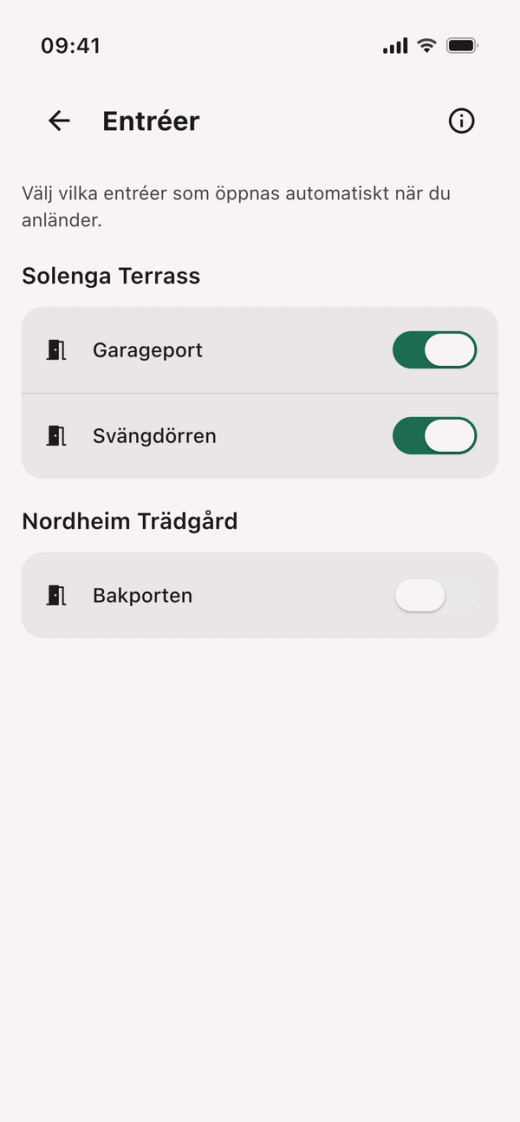 Entréer i Parqio-appen: ett reglage för varje entré. När reglaget är påslaget är automatisk öppning aktiverad för den entrén.