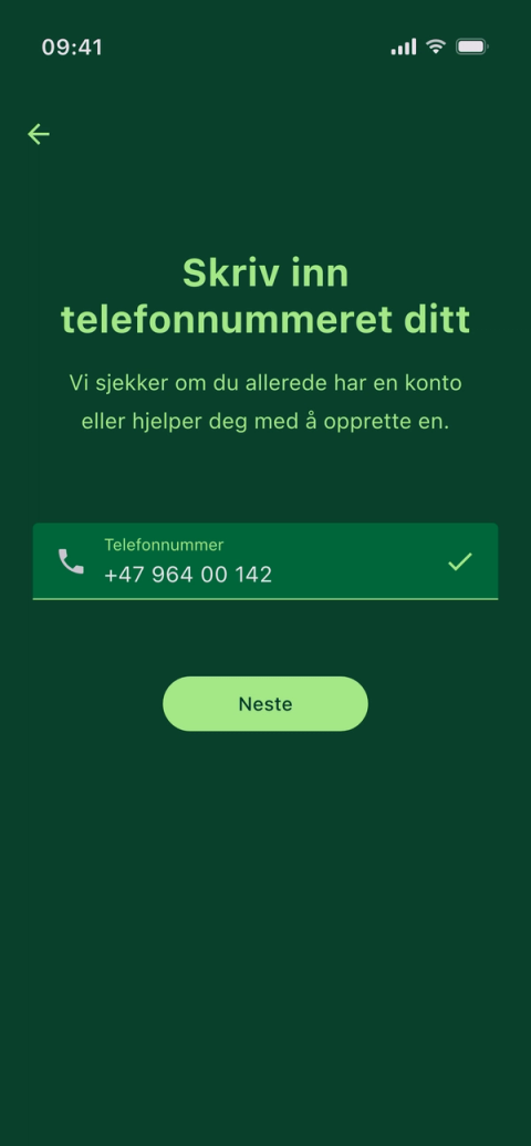 Innloggingsskjermen i Parqio-appen i mørk modus: en mørkegrønn side med overskriften «Skriv inn telefonnummeret ditt», et mobilnummer fylt inn i feltet, en grønn hake som bekrefter det, og en limegrønn «Neste»-knapp under.