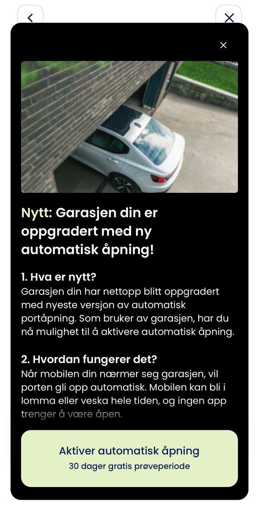 Informasjonsarket i Parqio-appen: «Nytt: Garasjen din er oppgradert med ny automatisk åpning!» med knappen «Aktiver automatisk åpning»