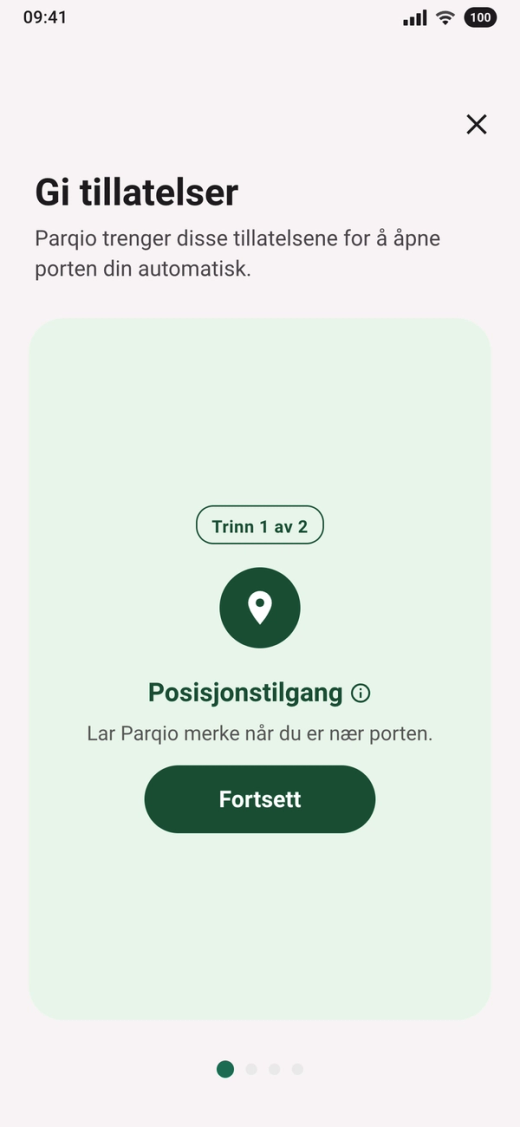 Kortet «Posisjonstilgang» med merket «Trinn 1 av 2» og knappen «Fortsett»