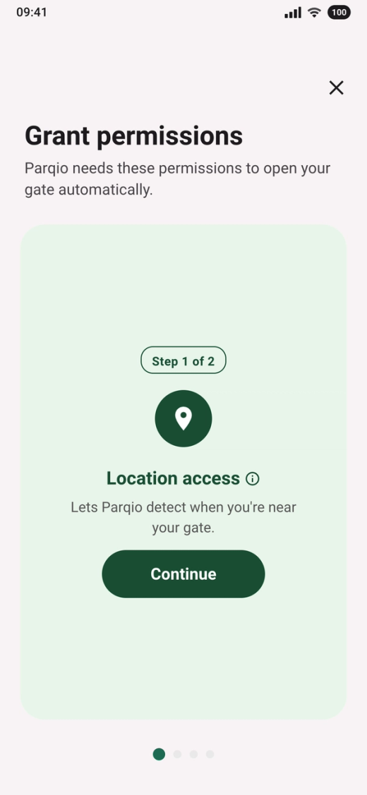 The card “Location access” with the label “Step 1 of 2” and the button “Continue”