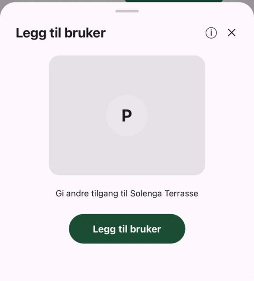 Arket «Legg til bruker» for Solenga Terrasse med knappen «Legg til bruker» under teksten «Gi andre tilgang til Solenga Terrasse»