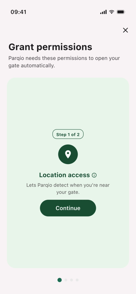 The card “Location access” with the label “Step 1 of 2” and the button “Continue”