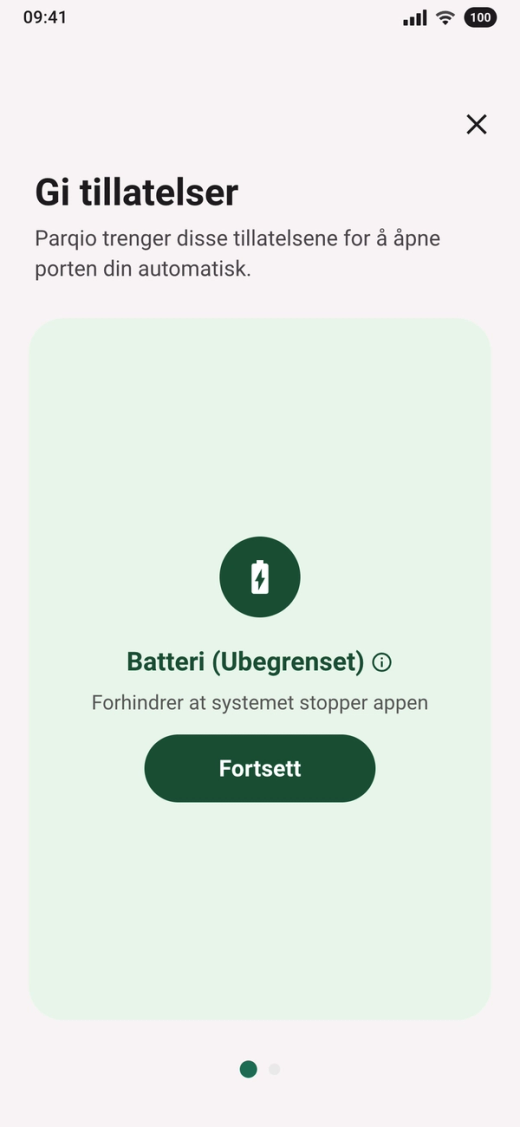 Kortet «Batteri (Ubegrenset)» med teksten «Forhindrer at systemet stopper appen» og knappen «Fortsett»