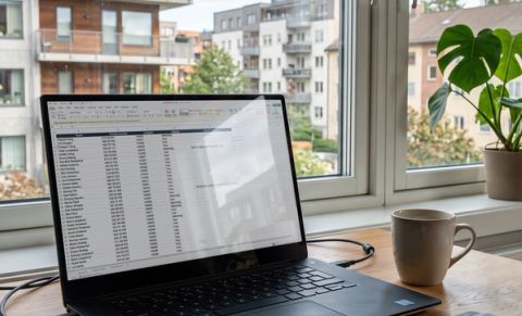 En bærbar PC på et trebord som viser et norskspråklig Excel-regneark med beboernavn, telefonnumre, leilighetsnumre og tilgangstyper, med en kaffekopp og boligblokker synlig gjennom et solrikt vindu i bakgrunnen.