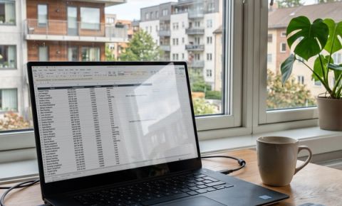 En bærbar PC på et trebord som viser et norskspråklig Excel-regneark med beboernavn, telefonnumre, leilighetsnumre og tilgangstyper, med en kaffekopp og boligblokker synlig gjennom et solrikt vindu i bakgrunnen.