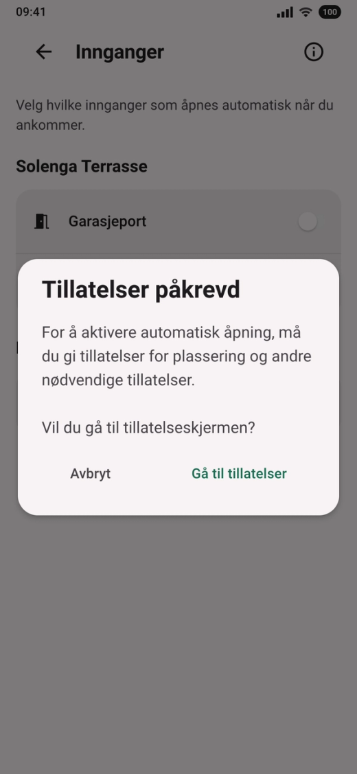 Spørsmålet «Tillatelser påkrevd» over Innganger, med knappene «Avbryt» og «Gå til tillatelser»