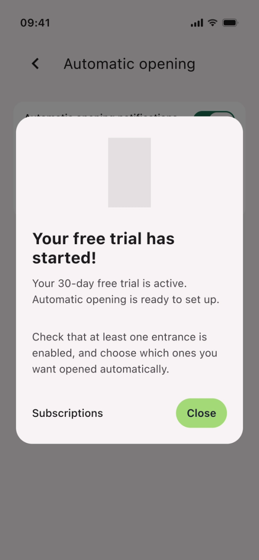 The message “Your free trial has started!” with “Subscriptions” and “Close”