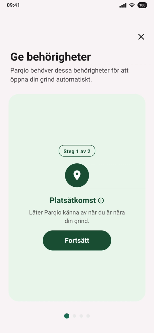 Kortet ”Platsåtkomst” med märket ”Steg 1 av 2” och knappen ”Fortsätt”