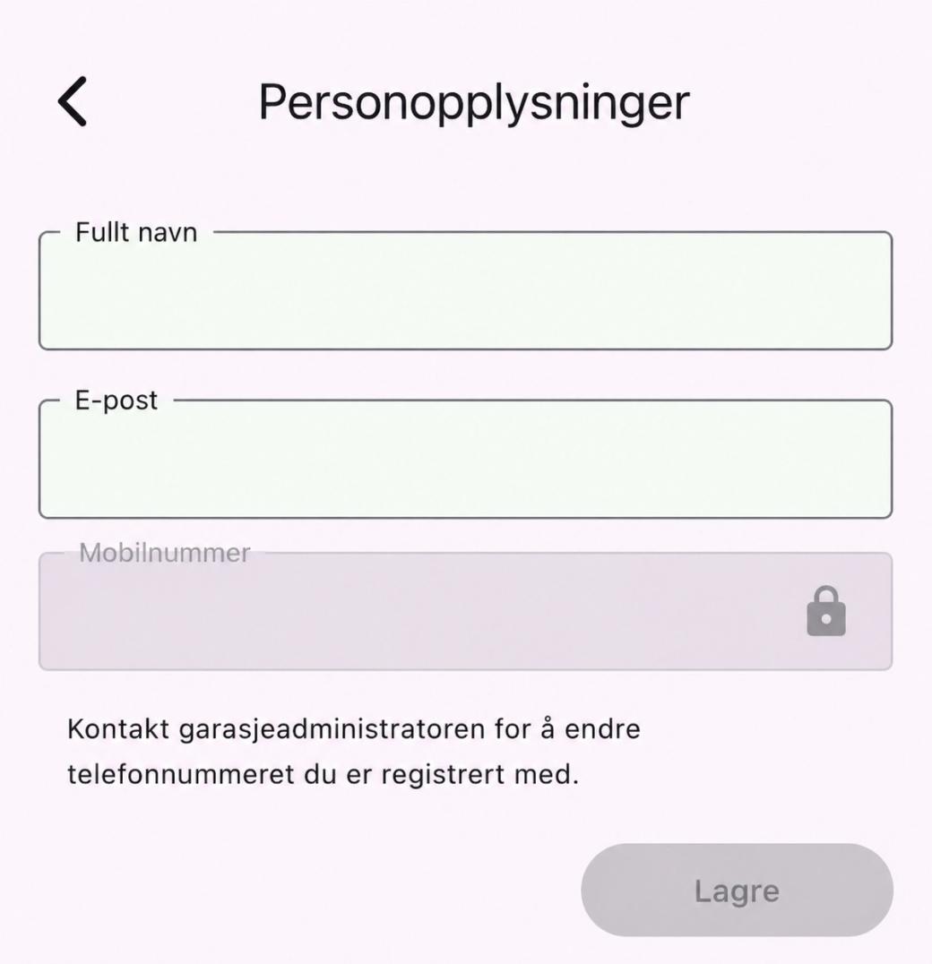 Skjermen «Personopplysninger» med feltene «Fullt navn», «E-post» og det låste feltet «Mobilnummer», og knappen «Lagre»