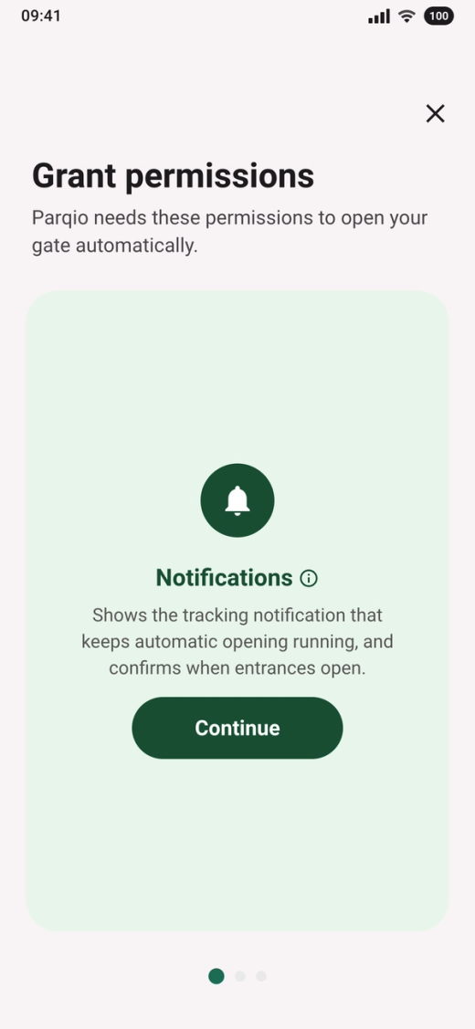 The card “Notifications” with the text “Shows the tracking notification that keeps automatic opening running, and confirms when entrances open.” and the button “Continue”