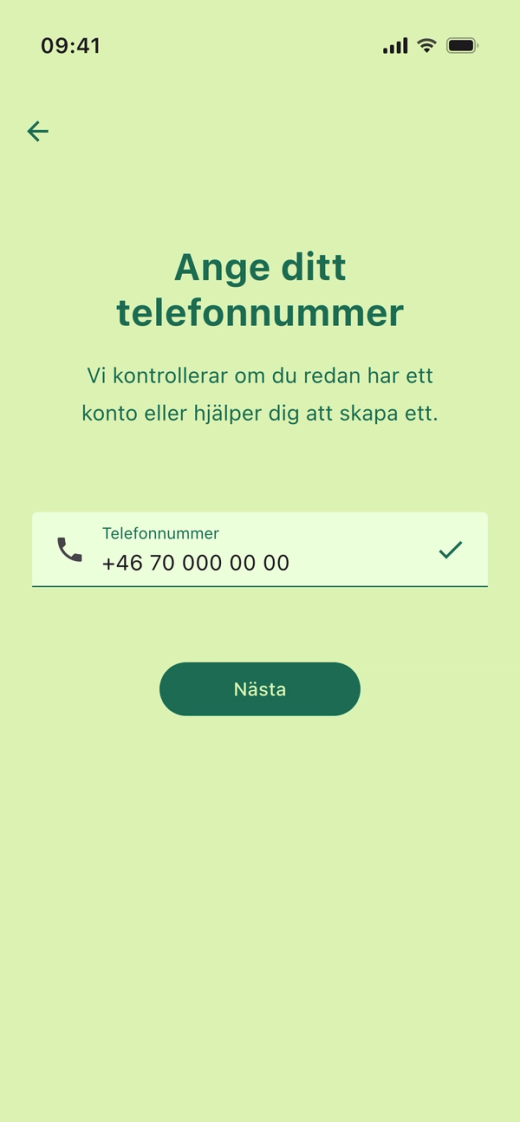 Skärmen ”Ange ditt telefonnummer” i Parqio-appen, med ett mobilnummer i fältet och knappen ”Nästa” under