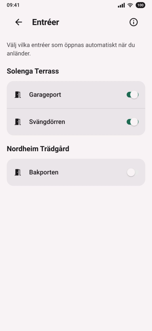 Entréer i Parqio-appen på Android: ett reglage för varje entré. När reglaget är påslaget är automatisk öppning aktiverad för den entrén.