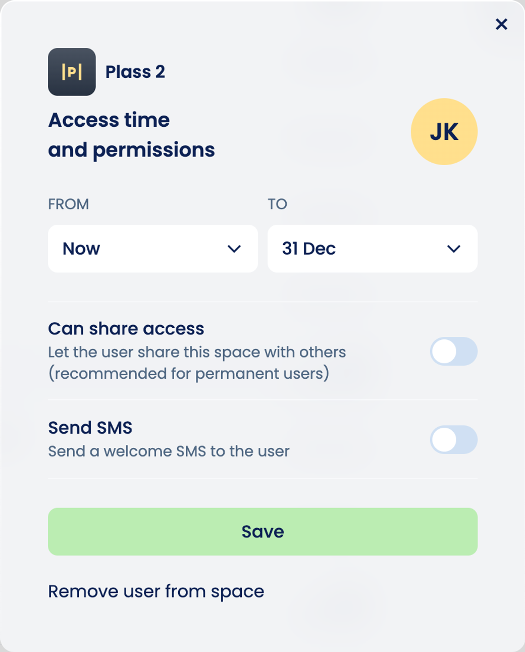 The “Access time and permissions” window for Plass 2, with “Remove user from space” at the bottom