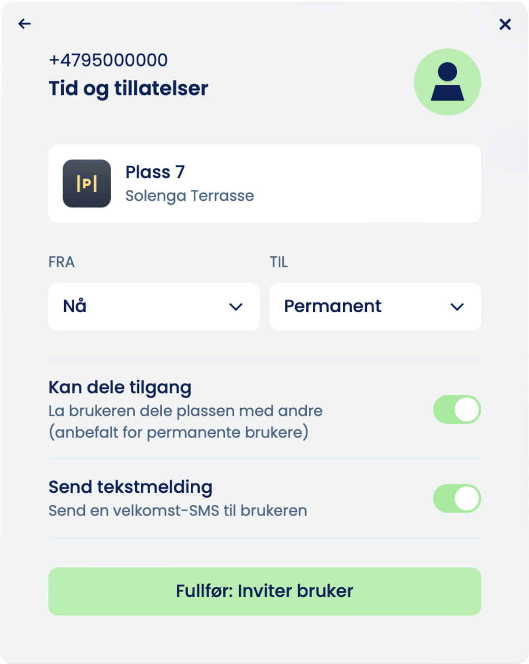 Vinduet «Tid og tillatelser» med Plass 7, «Fra» og «Til», valgene «Kan dele tilgang» og «Send tekstmelding»