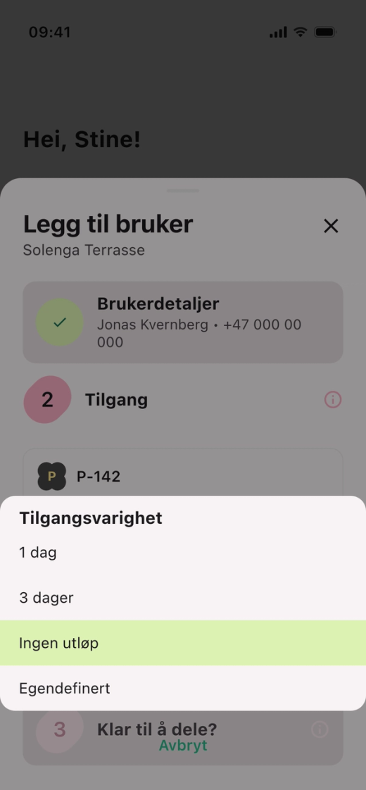 Menyen «Tilgangsvarighet» med 1 dag, 3 dager, Ingen utløp og Egendefinert, der «Ingen utløp» er valgt