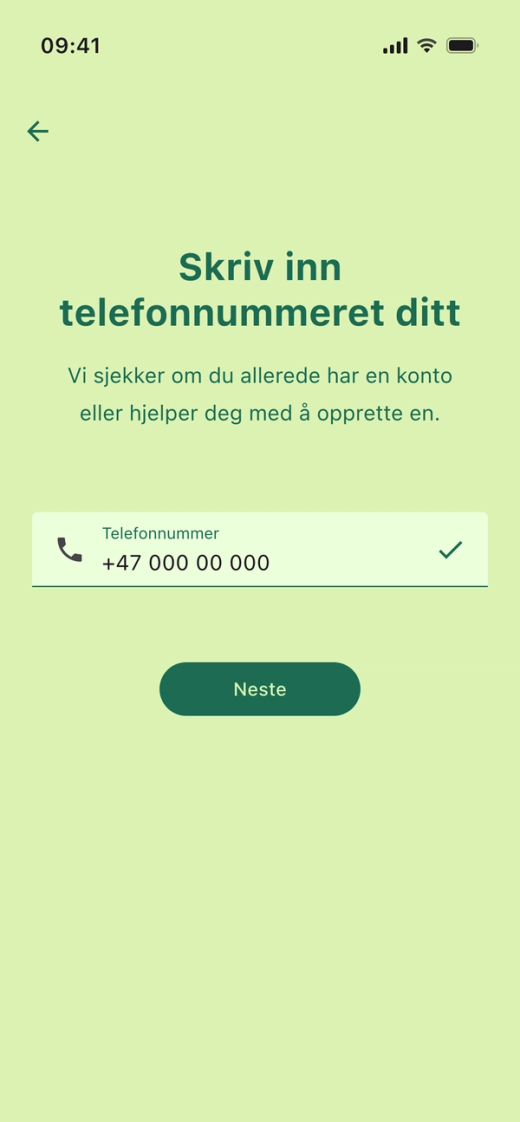 Skjermen «Skriv inn telefonnummeret ditt» i Parqio-appen, med +47 først i nummerfeltet og knappen «Neste» under