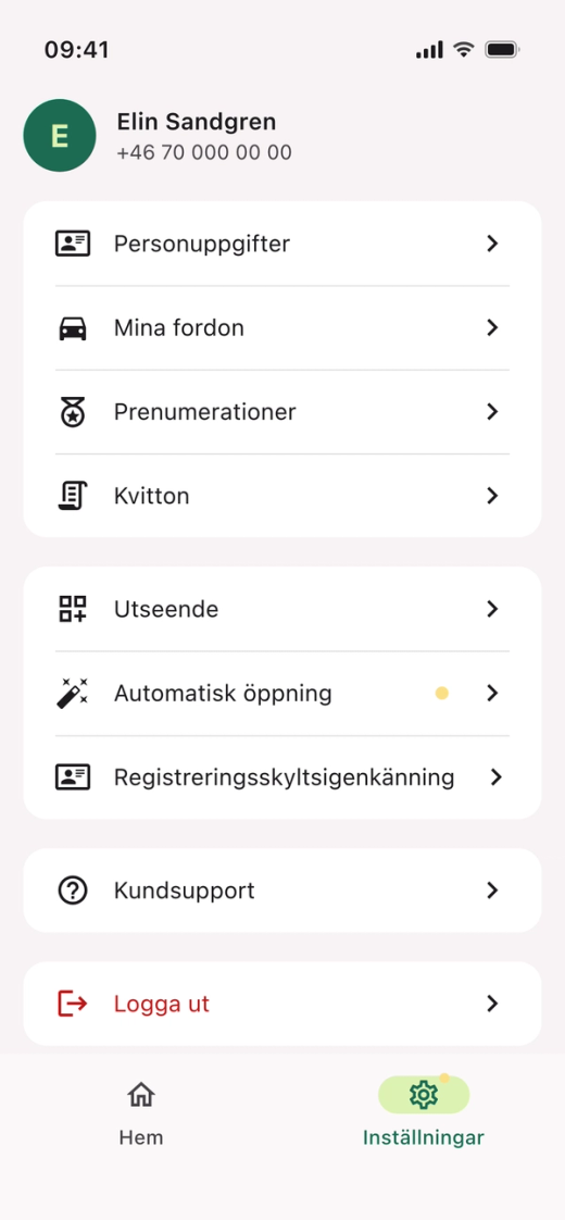 Skärmen ”Inställningar” i Parqio-appen, med ditt namn och telefonnummer överst och raden ”Registreringsskyltsigenkänning” under ”Automatisk öppning”