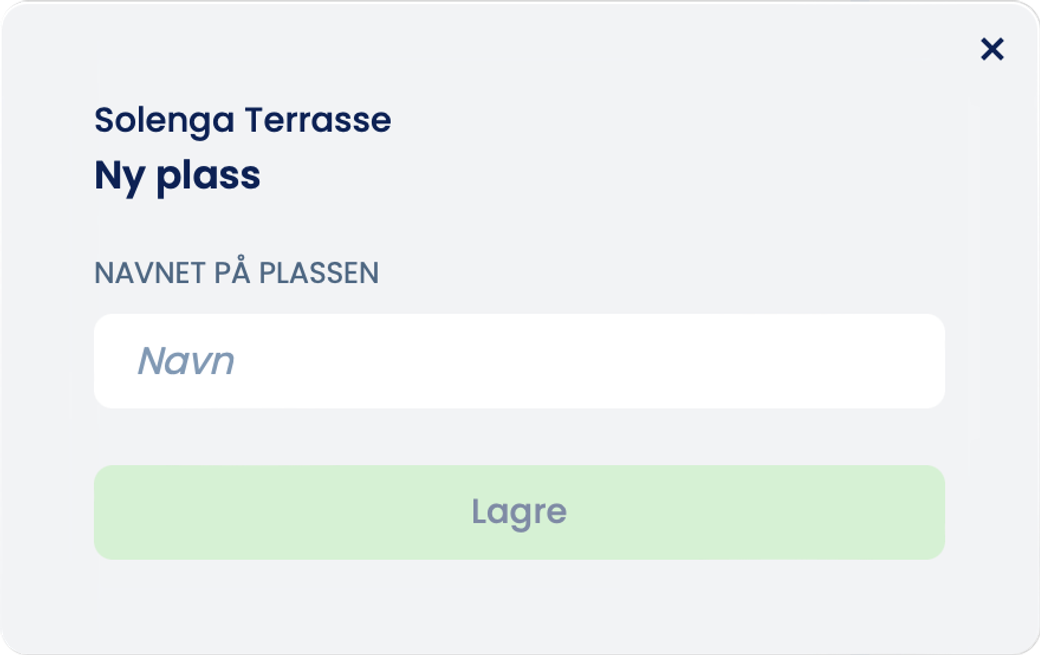 Norska arket «Ny plass» för Solenga Terrasse med fältet «Navnet på plassen» och den inaktiva knappen «Lagre»