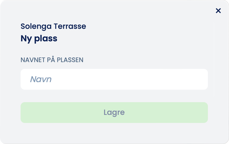 Norska arket «Ny plass» för Solenga Terrasse med fältet «Navnet på plassen» och den inaktiva knappen «Lagre»