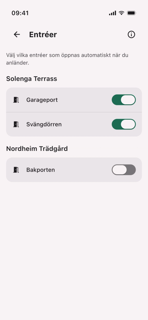 Entréer i Parqio-appen: ett reglage för varje entré. När reglaget är påslaget är automatisk öppning aktiverad för den entrén.