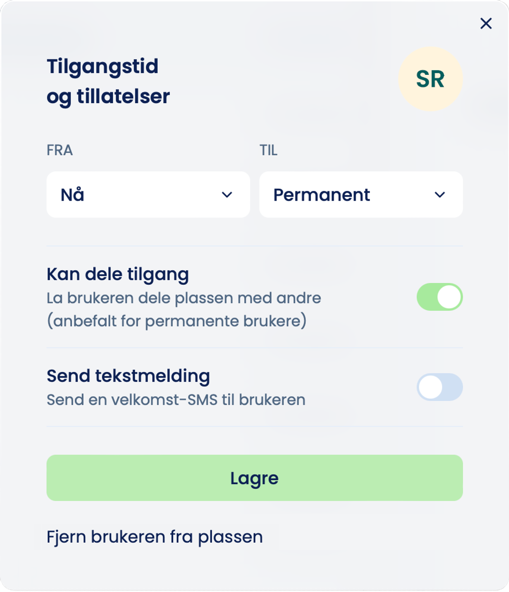 Vinduet «Tilgangstid og tillatelser» med «Fra» og «Til», «Kan dele tilgang», «Send tekstmelding» og «Fjern brukeren fra plassen»