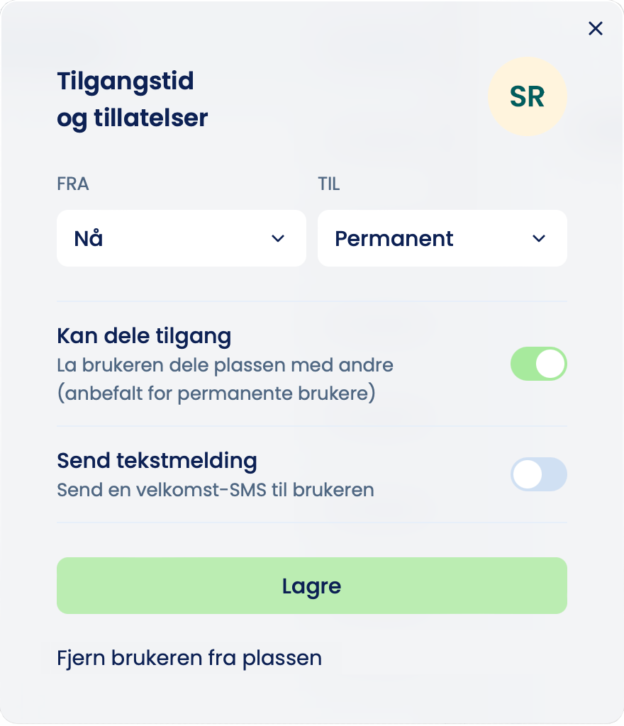 Vinduet «Tilgangstid og tillatelser» med «Fra» og «Til», «Kan dele tilgang», «Send tekstmelding» og «Fjern brukeren fra plassen»