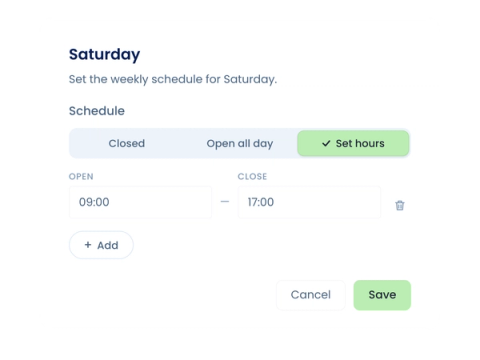 Parqio Admin: the dialog for setting Saturday’s opening hours, with the options Closed, Open all day and Set hours.