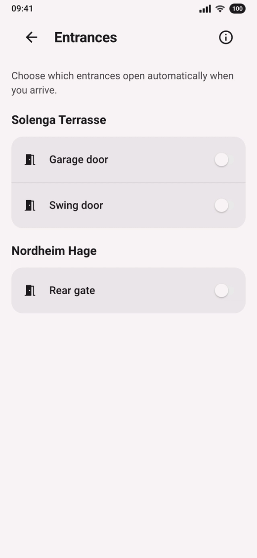 Entrances in the Parqio app on Android with a switch for each entrance, all off