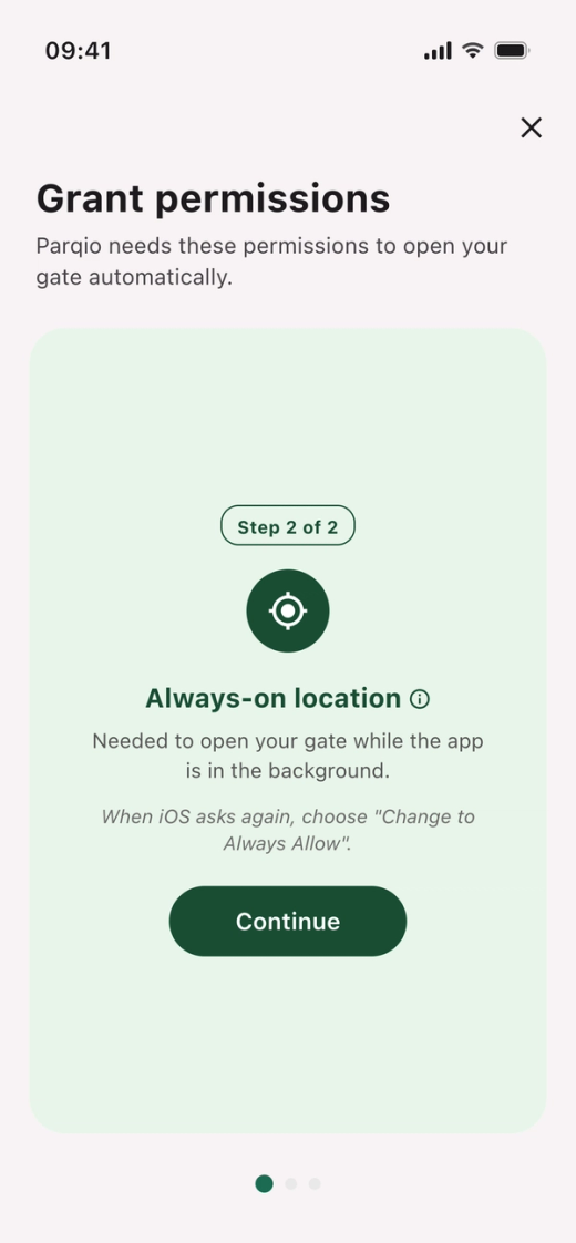 The card “Always-on location” with the label “Step 2 of 2” and the button “Continue”