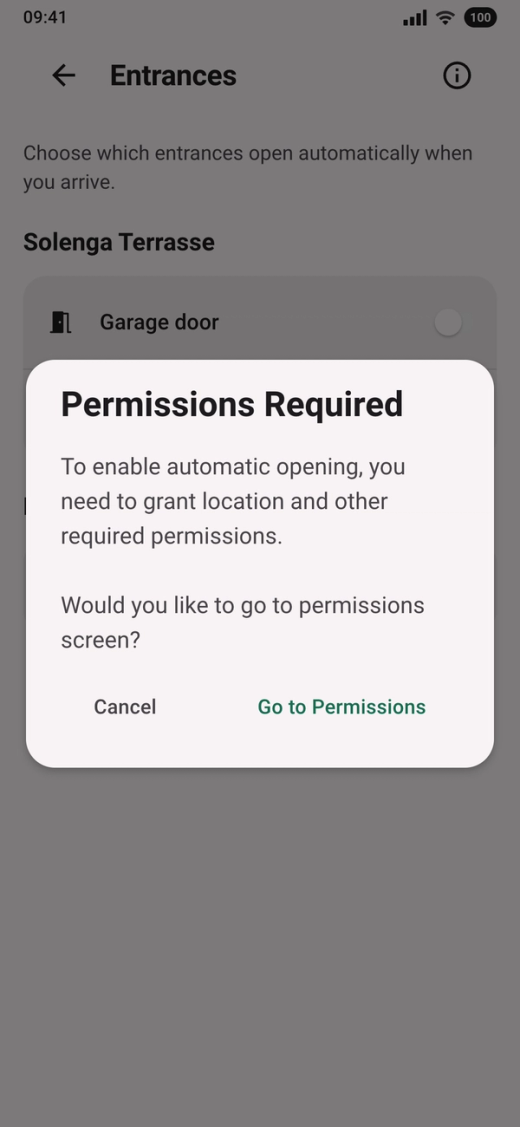 The question “Permissions Required” over Entrances, with the buttons “Cancel” and “Go to Permissions”