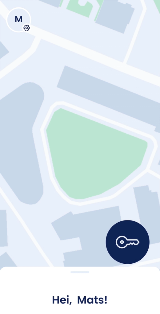 Hjem i Parqio-appen med kartet, nøkkelknappen og hilsenen «Hei, Mats!»
