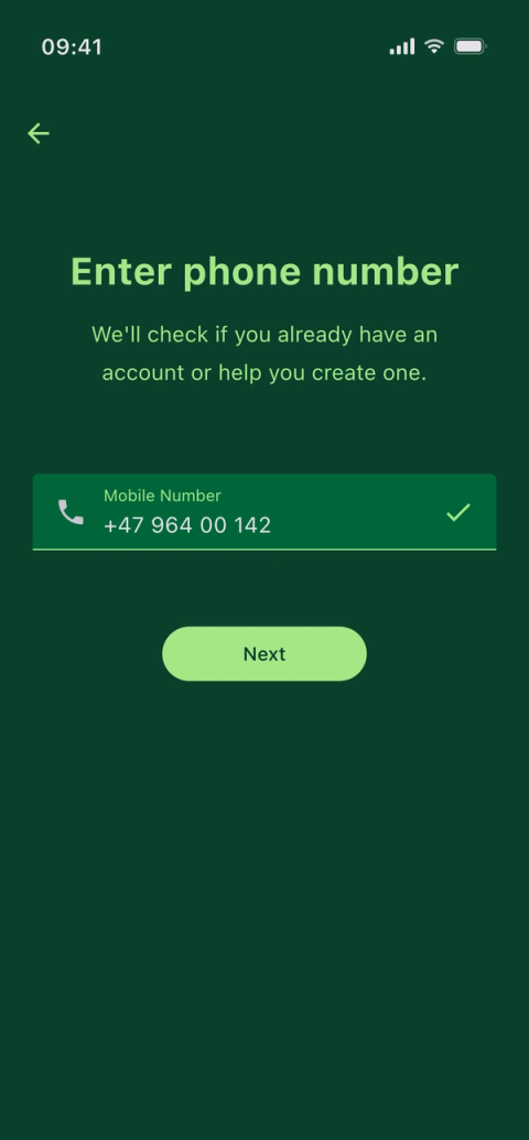 The Parqio app’s sign-in screen in dark mode: a deep green page headed “Enter your phone number”, with a mobile number filled into the field, a green tick confirming it, and a lime “Next” button below.