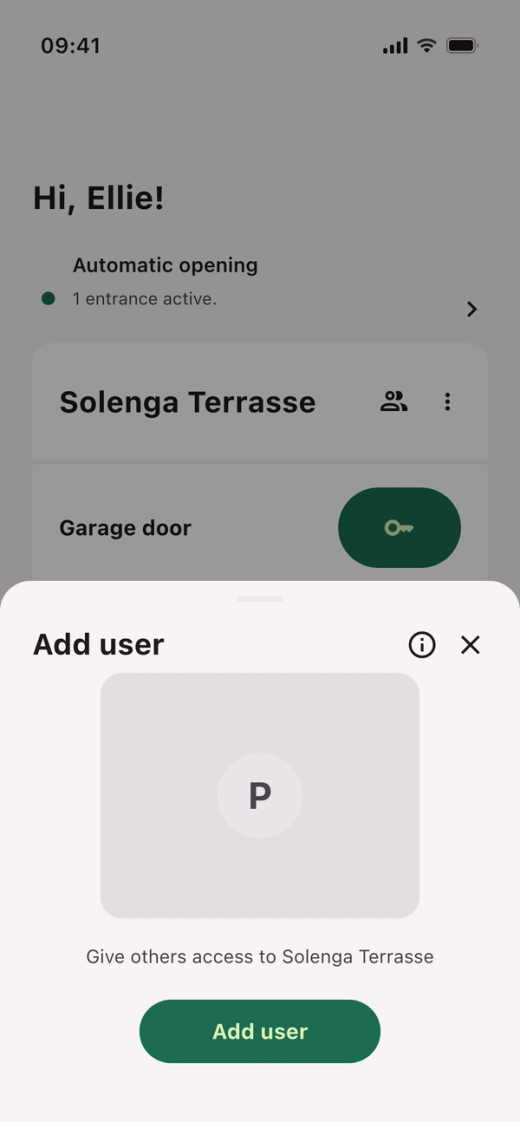 The “Add user” sheet for Solenga Terrasse with the text “Give others access to Solenga Terrasse” and the “Add user” button