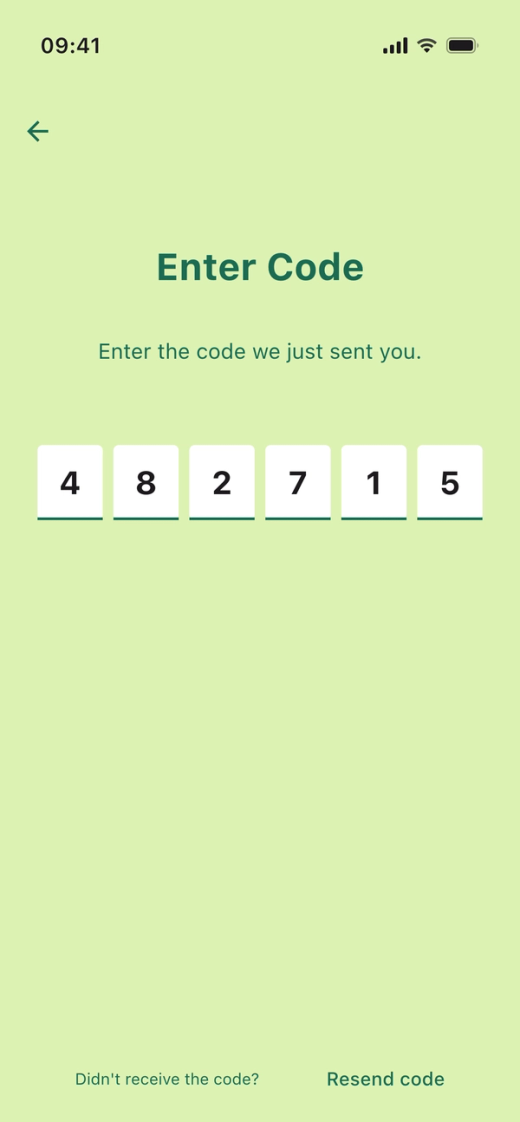 The “Enter Code” screen in the Parqio app, with six boxes for the code from the text message