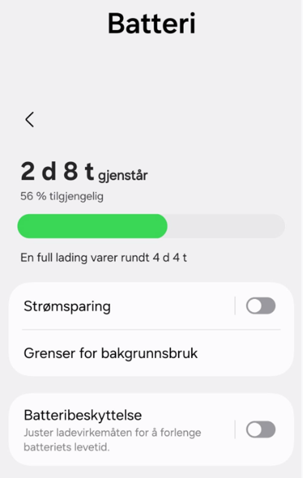 Norska skärmen «Batteri» i Androids inställningar med «Strømsparing», «Grenser for bakgrunnsbruk» och «Batteribeskyttelse»
