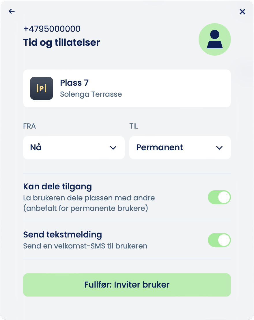 Norska fönstret «Tid og tillatelser» med Plass 7, «Fra» och «Til», valen «Kan dele tilgang» och «Send tekstmelding»