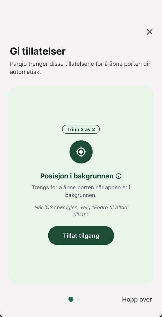 Skjermen «Gi tillatelser», trinn 2 av 2, med «Posisjon i bakgrunnen» og knappen «Tillat tilgang»