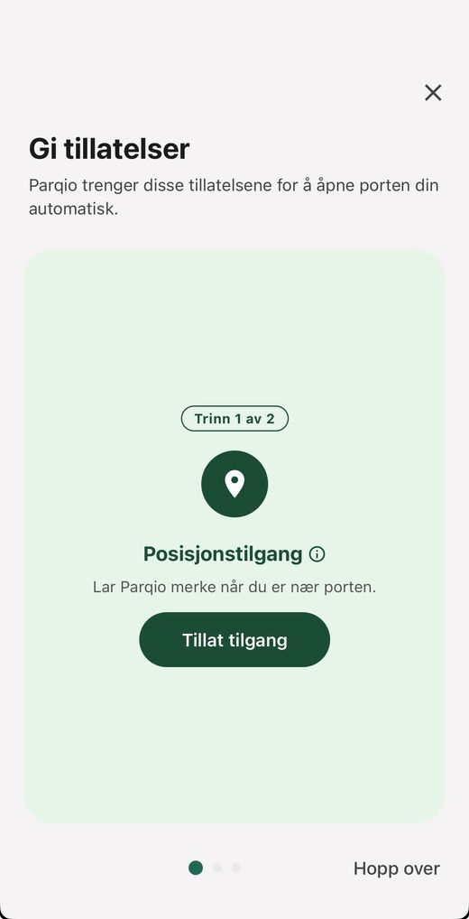 Skjermen «Gi tillatelser», trinn 1 av 2, med «Posisjonstilgang» og knappen «Tillat tilgang»